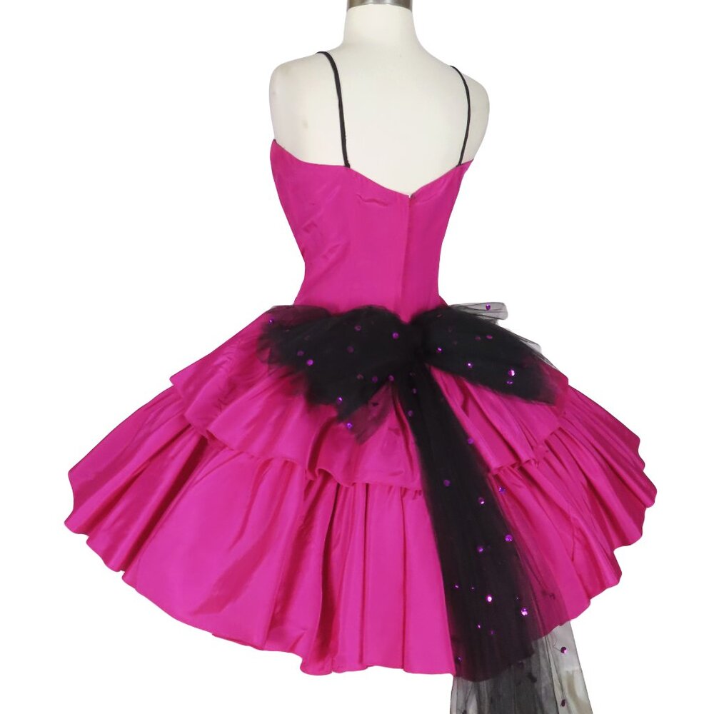 Vintage 80s Pink Black Beaded Tiered Full Skirt Prom Cocktail Party Dress S M - Picture 3 of 14